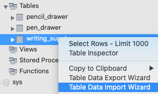 Table Data Import Wizard menu option.