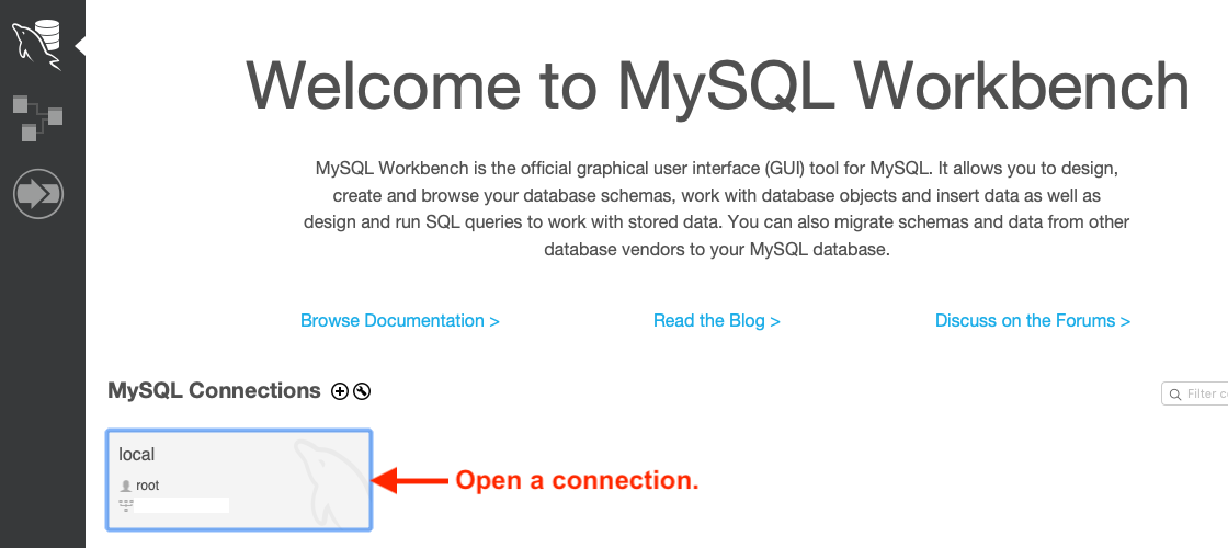MySQL Workbench home screen.