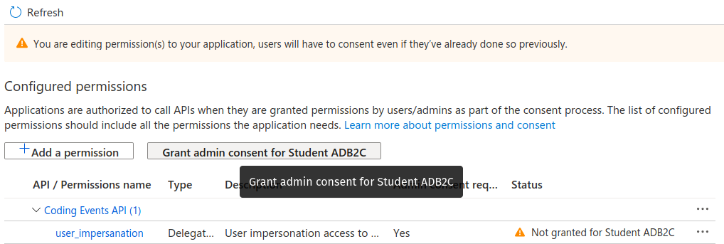 grant admin permission to user_impersonation scope for Postman