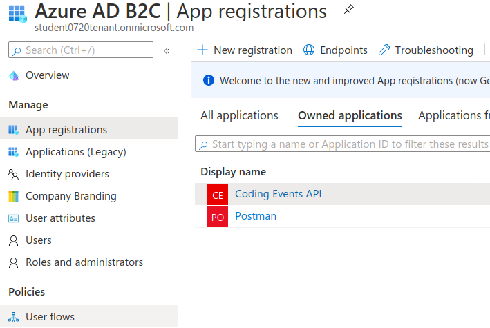 Navigate from App Registrations to User Flows