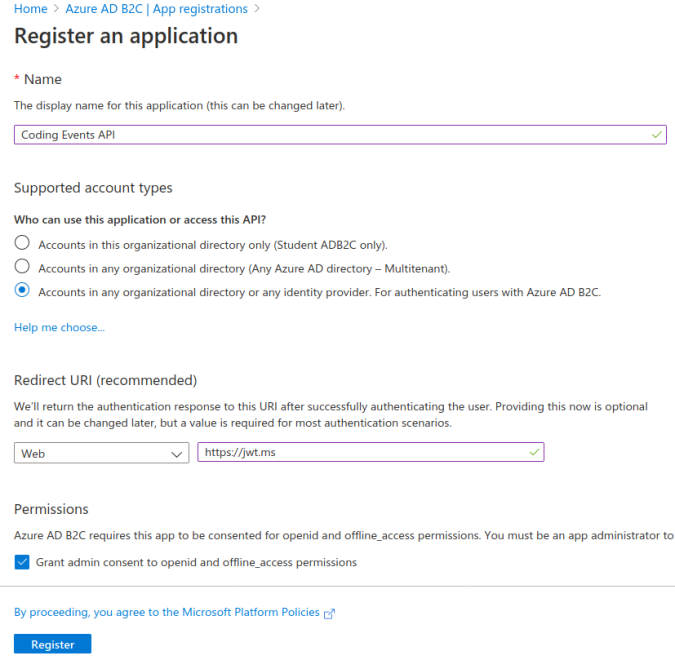 AADB2C tenant App Registration completed form