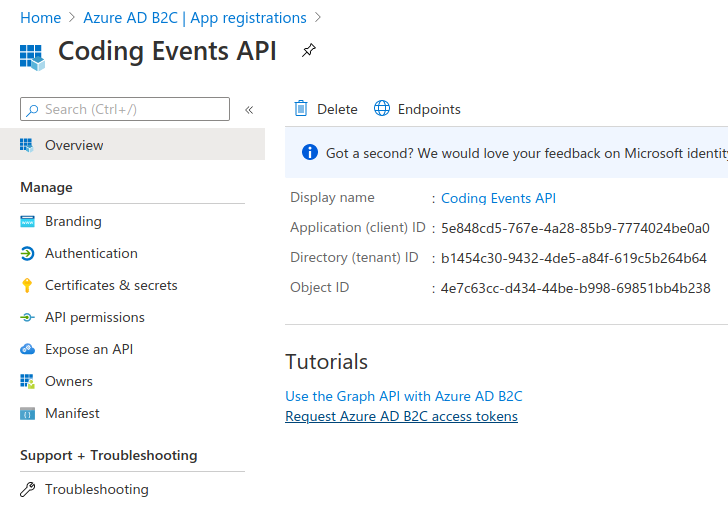 Coding Events API application registration dashboard