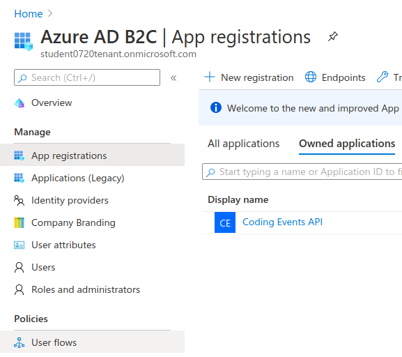 AADB2C tenant dashboard select User Flows configuration