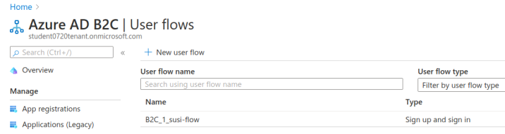 User Flows settings view with new SUSI flow