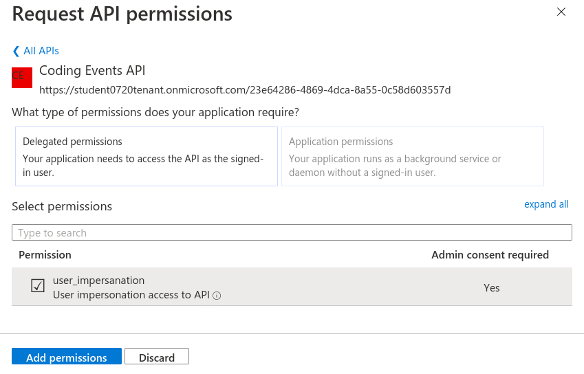 add Coding Events API user_impersonation permission to Postman