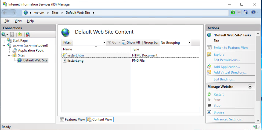 IIS Manager Default Site content view