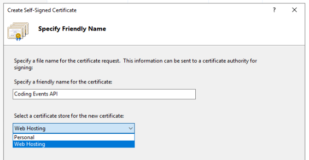 IIS Manager self-signed certificate creation wizard