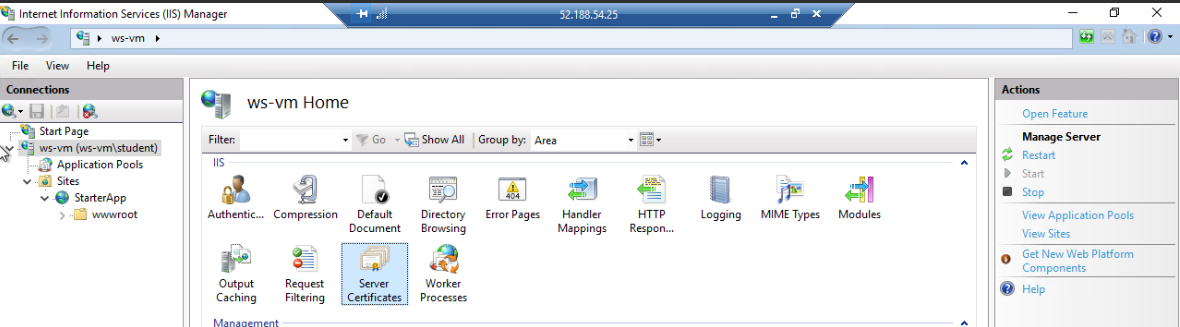 IIS Manager VM Features View server certificates selection