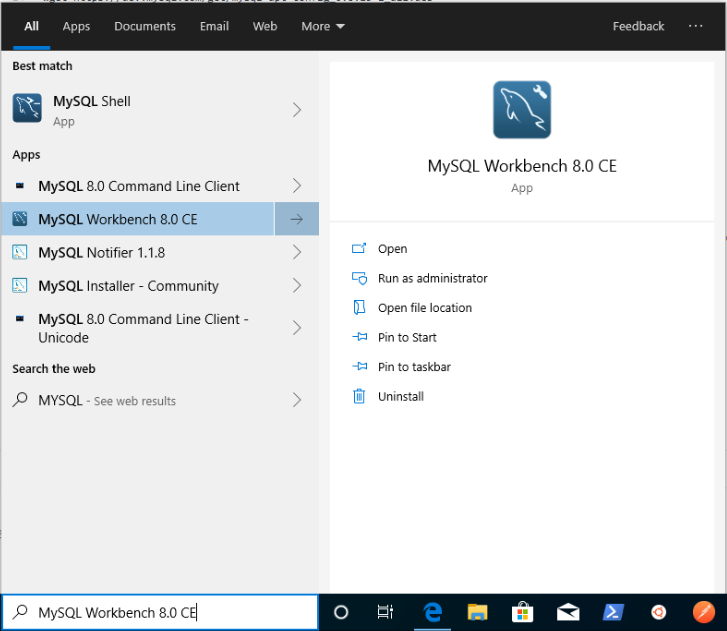 Windows search for MySQL Workbench application