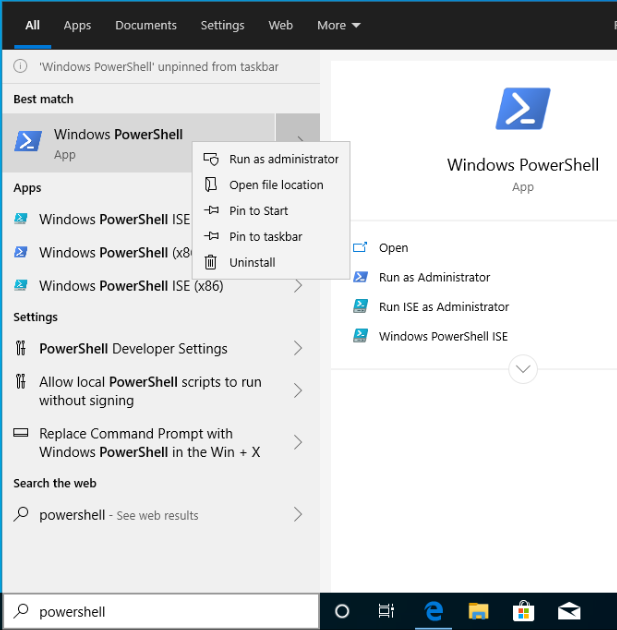Search for PowerShell in Windows taskbar