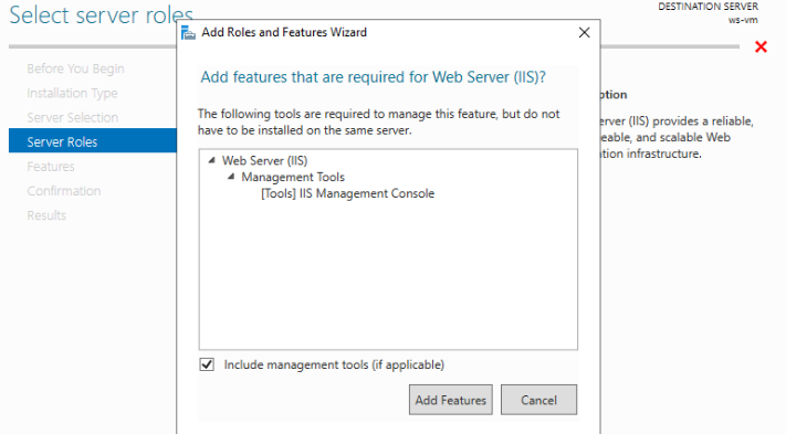 Roles & Features wizard IIS required Features