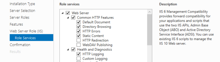 Roles & Features wizard select IIS Role Service defaults