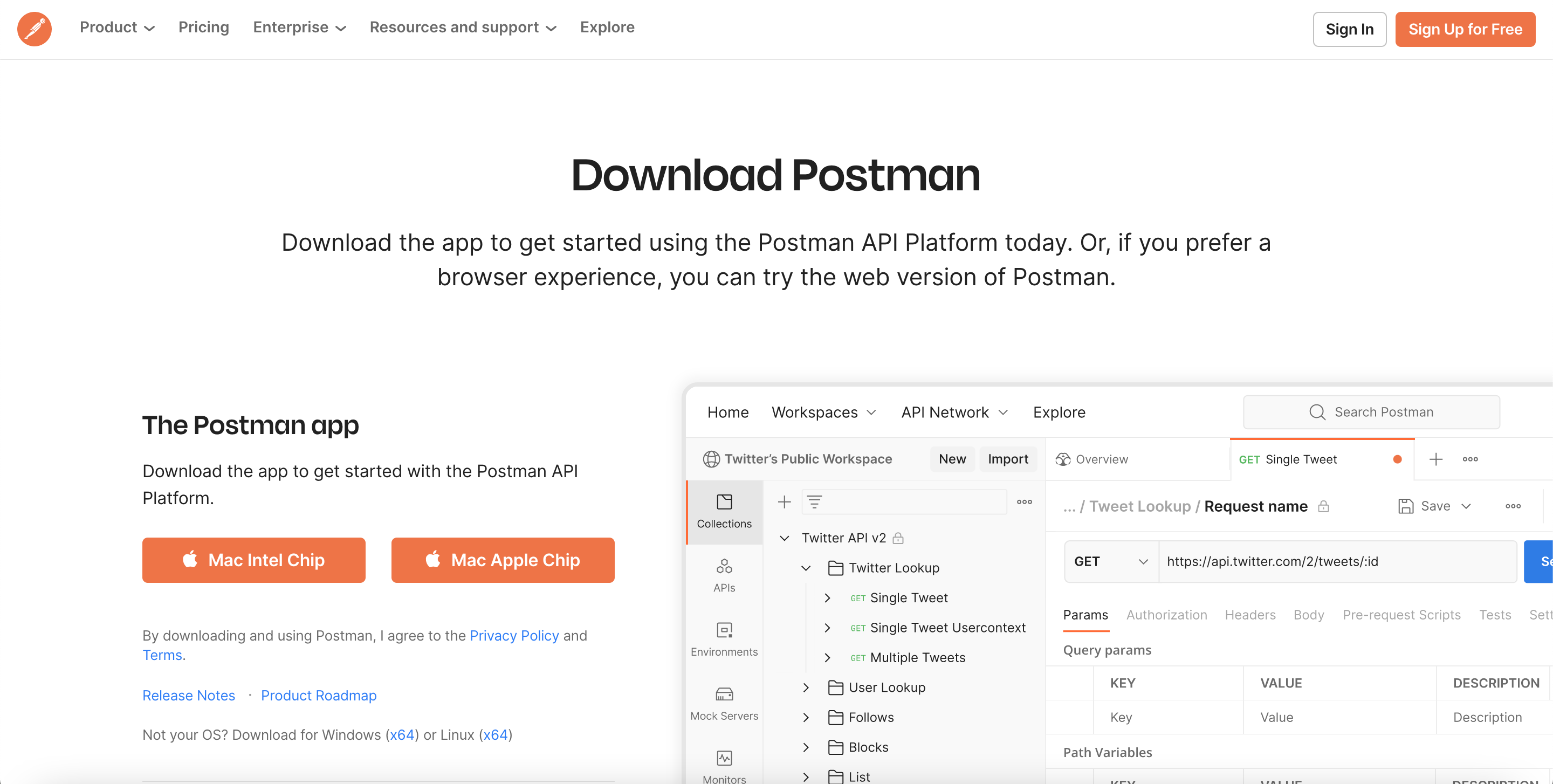 Postman installation page with two Mac options displayed
