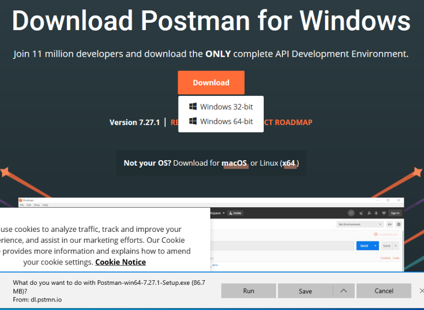 Close up of webpage to install Postman, user selecting Windows x64 option