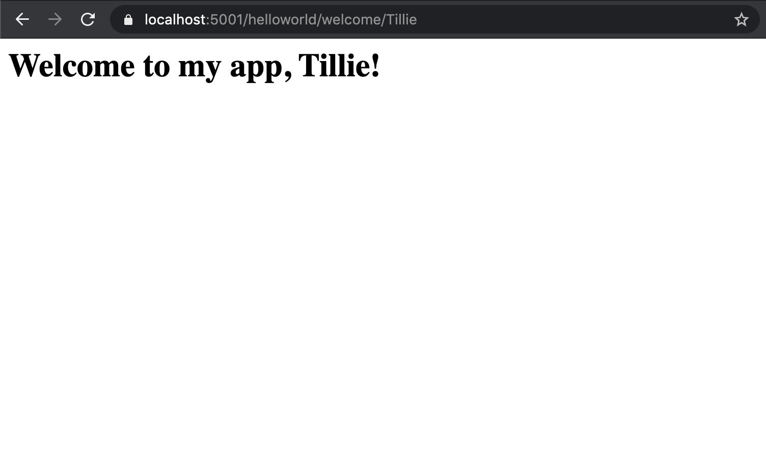 Webpage displaying welcome to my app, Tillie
