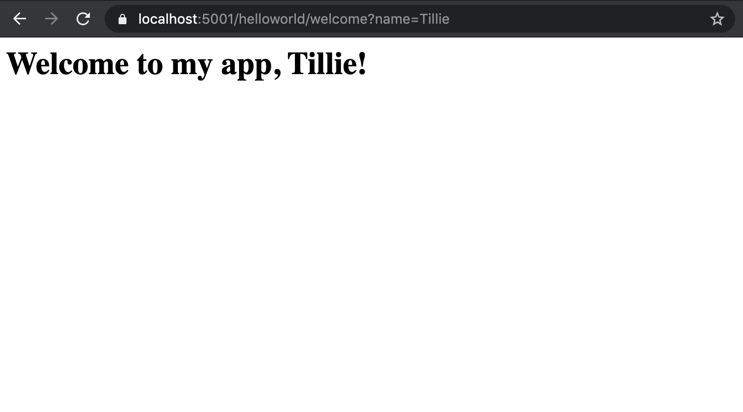 Simple webpage displaying welcome to my app, Tillie