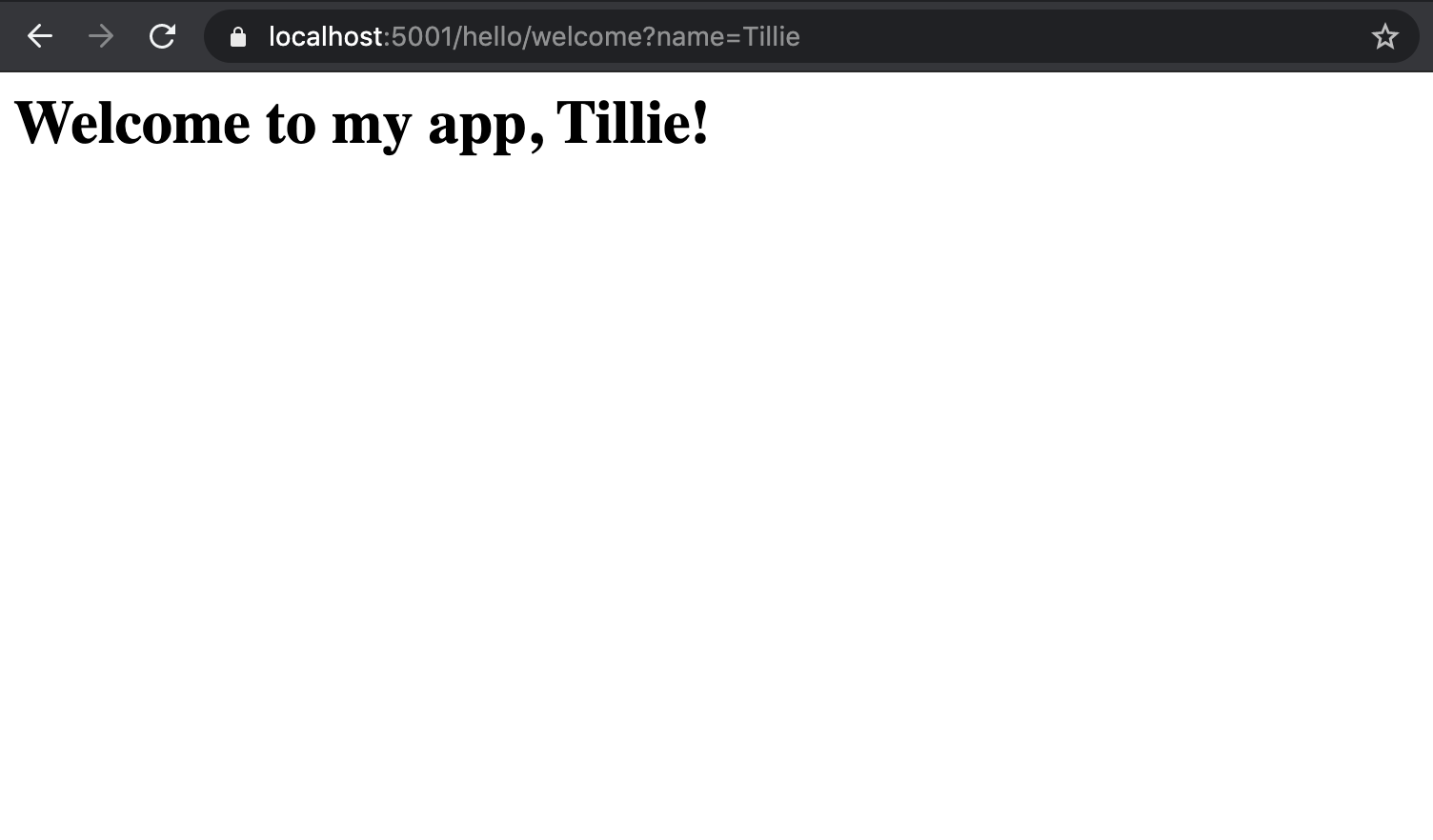Simple webpage that displays welcome to my app Tillie