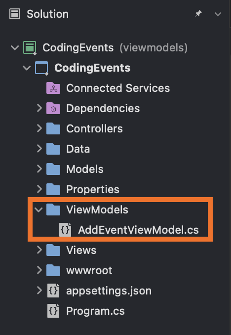 File tree showing new ViewModels directory