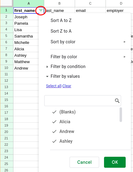 Image showing the icon next to a colum with a filter created to help organize data