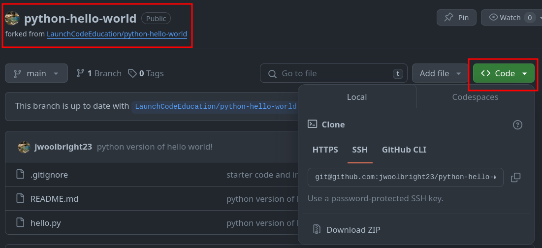 GitHub page pointing out that the repo was forked, dropdown menu to clone code is set