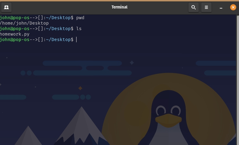 Example image of desktop directory on linux machine using the pwd and ls command to demonstrate the absolute path for homework.js