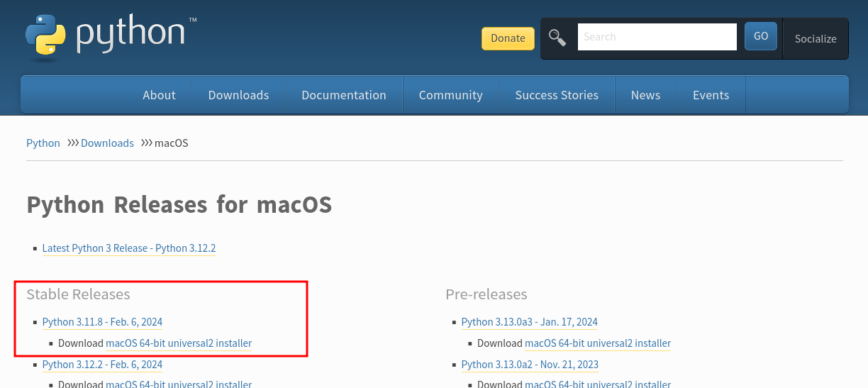 MacOS stable release for python3 highlighted on the MacOS operating system download page for python