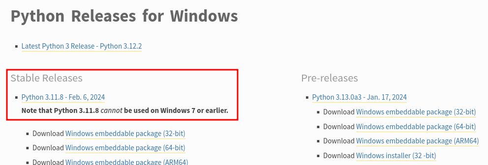 Windows stable release for python3 highlighted on the windows operating system download page for python