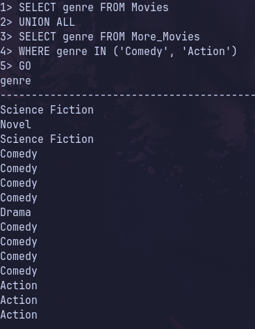 UNION query to return ALL genres from the Movies table, but only the comedy and action genres from the More_Movies table