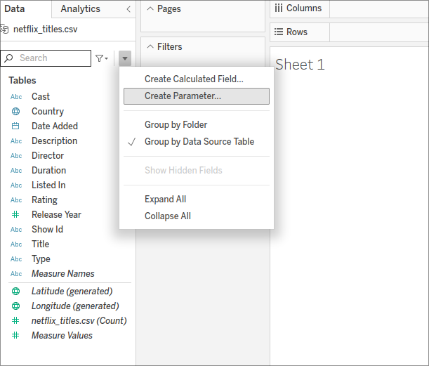 Create a new paramater using Tableau public