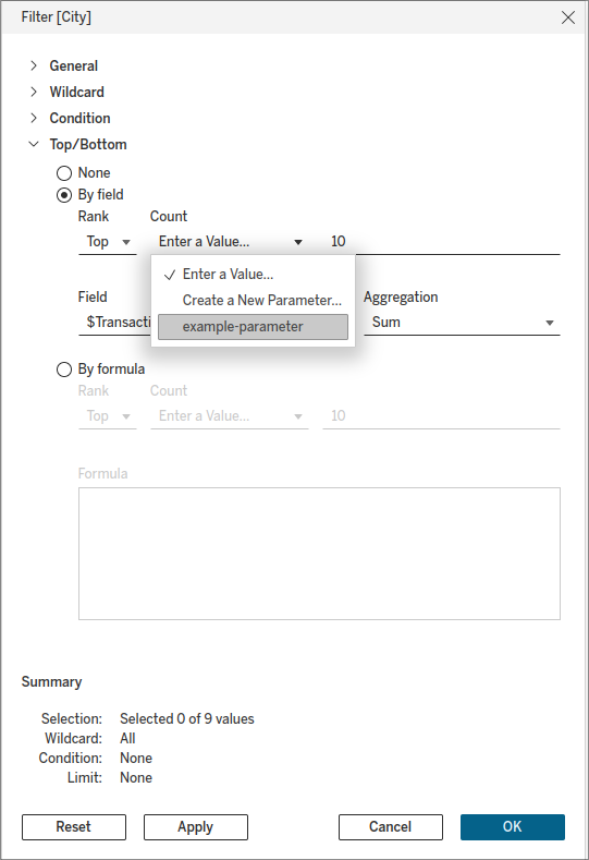 Select a parameter or create a new one within the Top/Bottom section of adding a filter