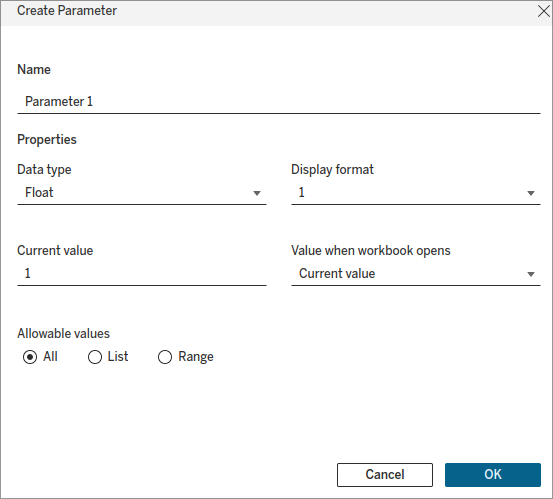 Create a parameter in Tableau menu