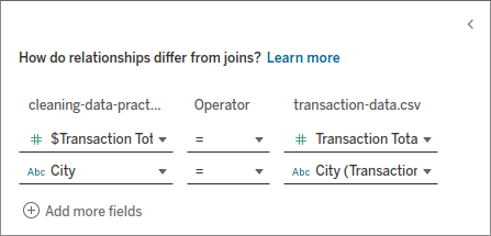 Adding a secondary matching field to the relationship between the cleaning-data-practice and transaction-data tables