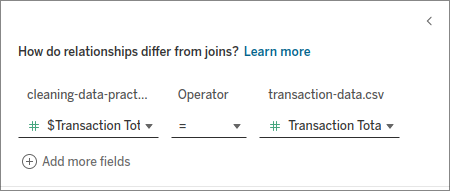 Update the relationship so that the transaction total column is selected from each table