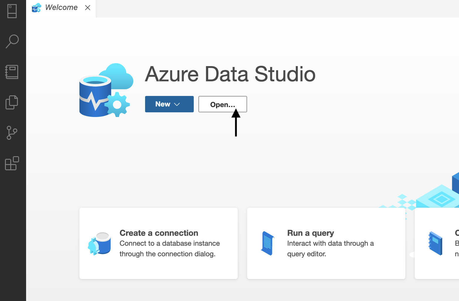 Welcome screen for Azure Data Studio with arrow pointing to open button.
