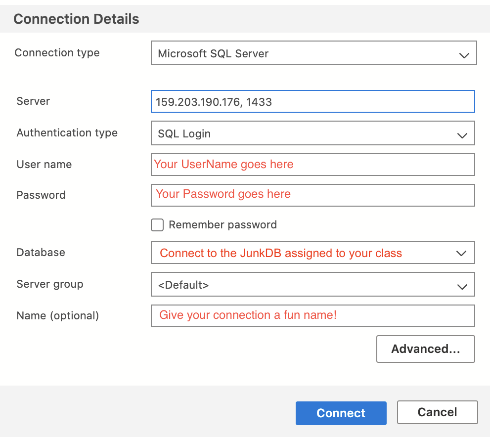 Connection details pop up with username, password and database filled in.