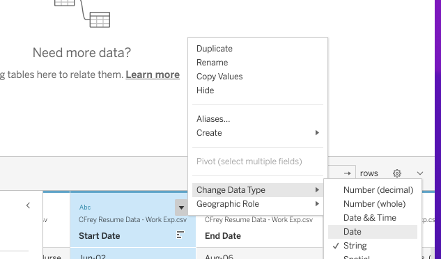 Data preview page in Tableau Public showing how to change data type.