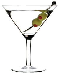 A crystal clear
                    martini in a cocktail glass garnished with two green olives.