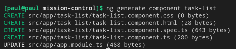 Visual of the terminal command to create a new Component.