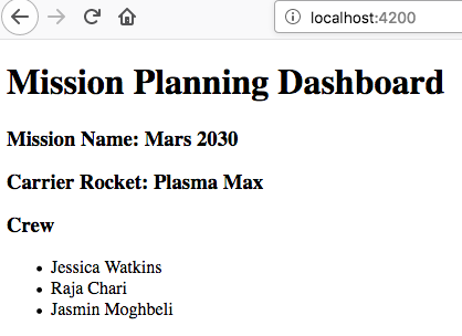 Screen shot of browser showing address localhost:4200, which has a title of Mission Planning Dashboard, a Mission Name,a Carrier Rocket, a Crew header, and a list of crew members in an unordered list.