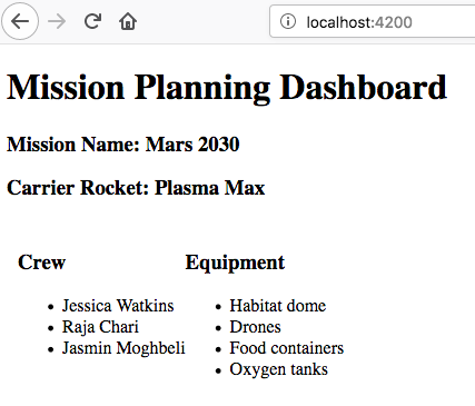 Screen shot of browser showing address localhost:4200, which has a title of Mission Planning Dashboard, a Mission Name, a Carrier Rocket, a Crew header, a list of crew members, and a list of equipment.