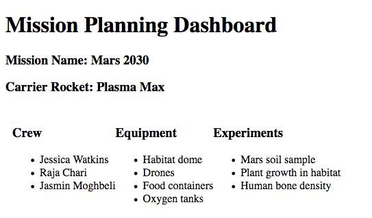 Screen shot showing the mission dashboard with mission name, rocket name, crew members, equipment, and experiments.