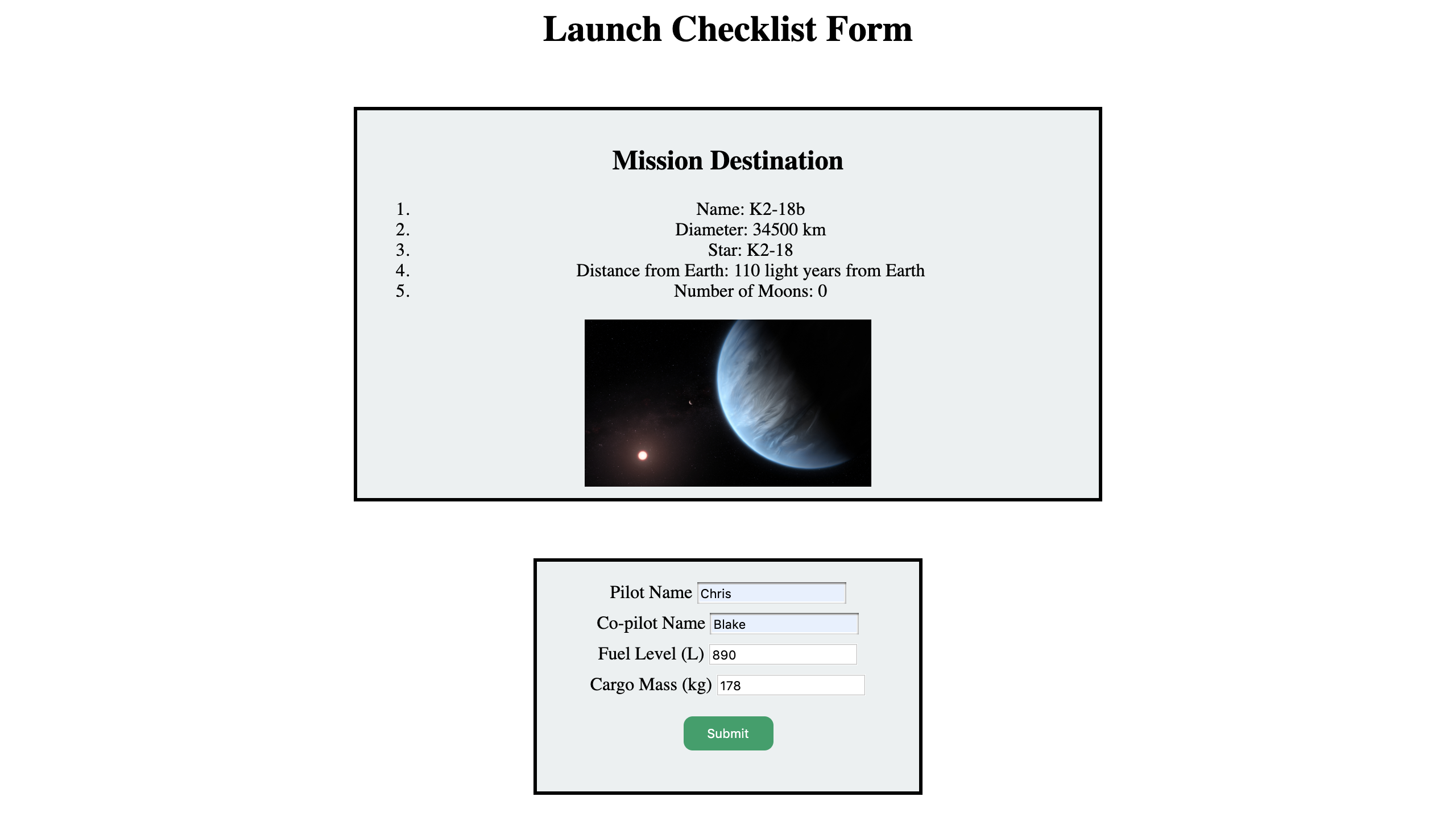 Image showing the user is submitting a form with Chris as the pilot, Blake as the co-pilot, 890 liters as the fuel level, and 178 kilograms as the cargo mass.