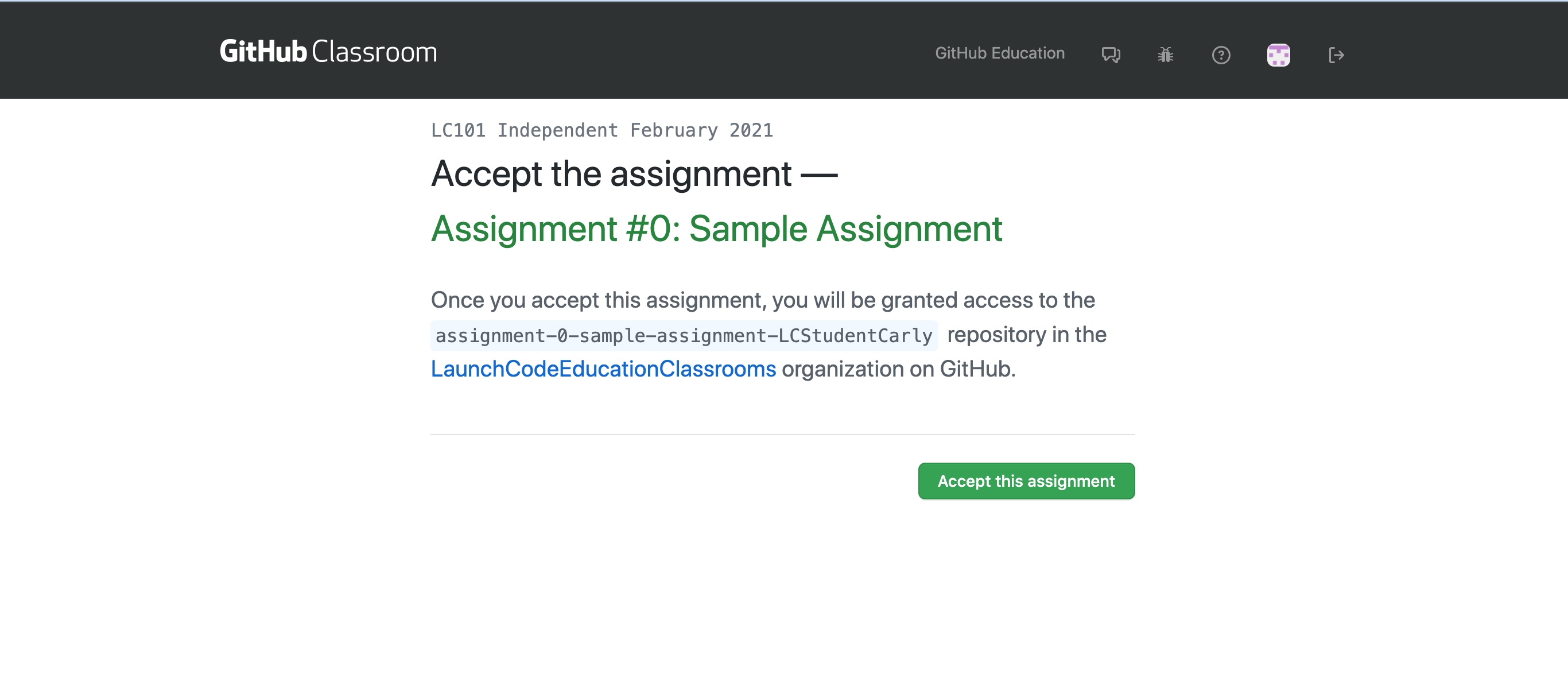 A GitHub Classroom assignment acceptance page.