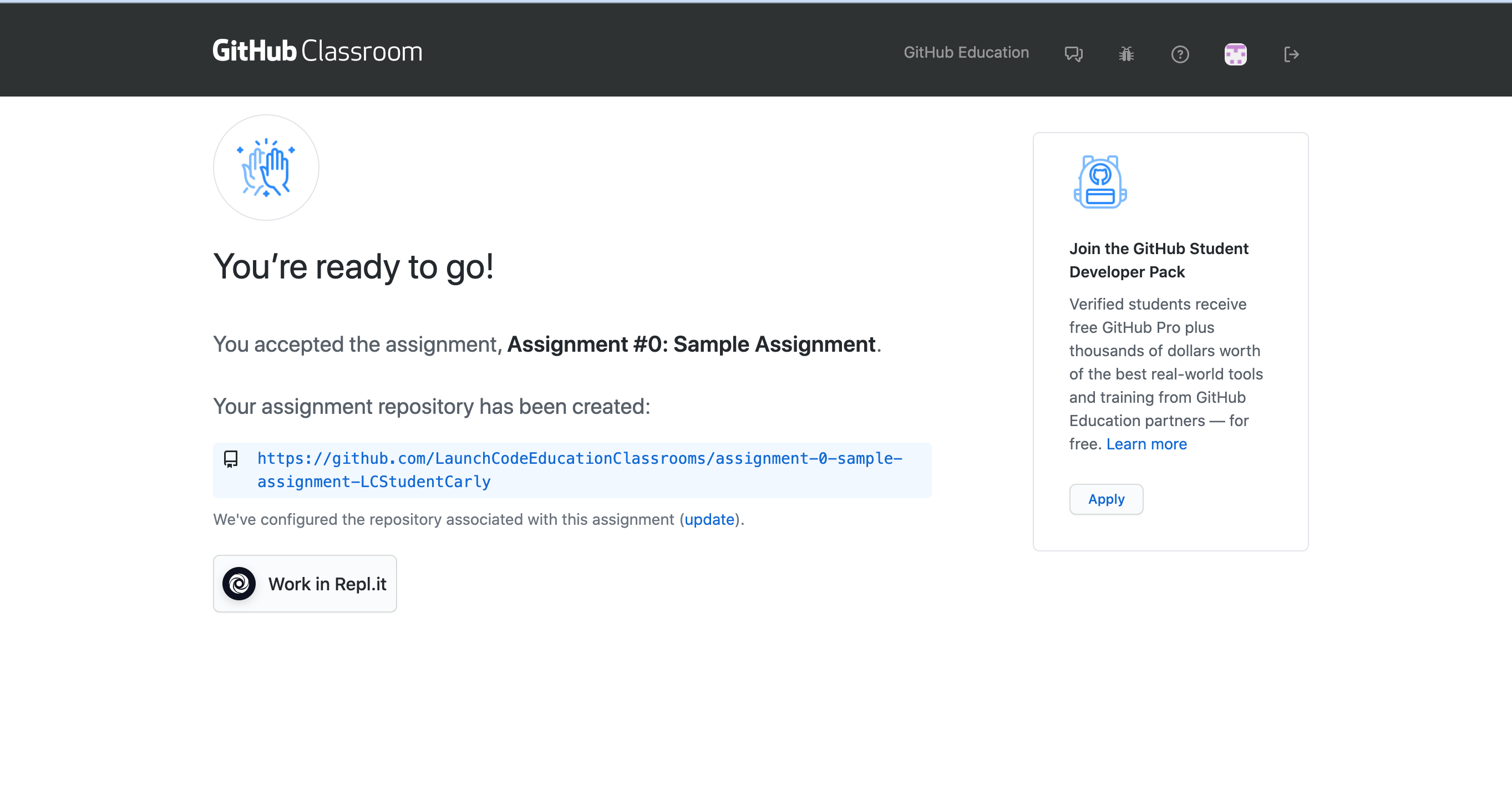 A GitHub Classroom assignment has been created.