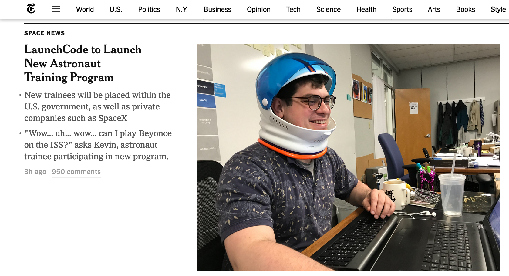 A screenshot of the New York Times website, with a fake article announcing an astronaut apprenticeship program at LaunchCode.