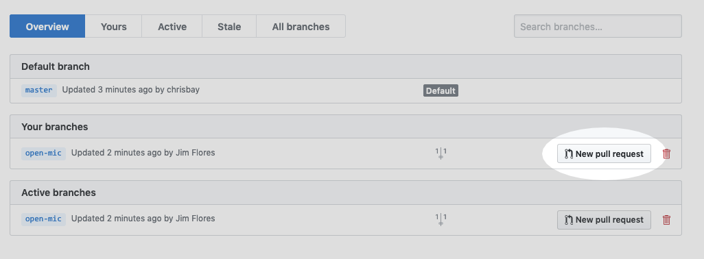 The Branches page of a repo, with a button to open a new pull request to the right of each feature branch.
