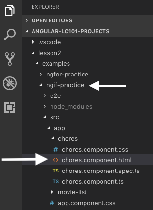 Find the ngIf practice file in VSCode.