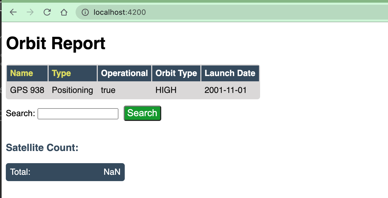 Screen shot of browser showing http://localhost:4200 with a table of 1 satellite.