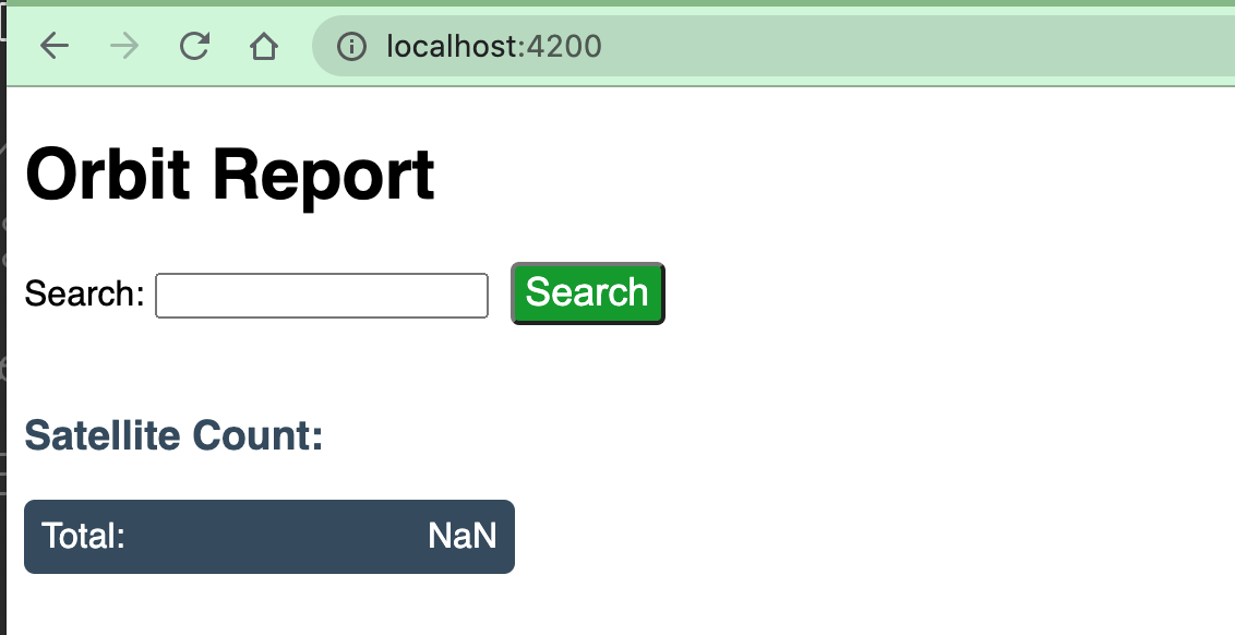 Screen shot of browser showing http://localhost:4200 with a title, search box, and broken count box.