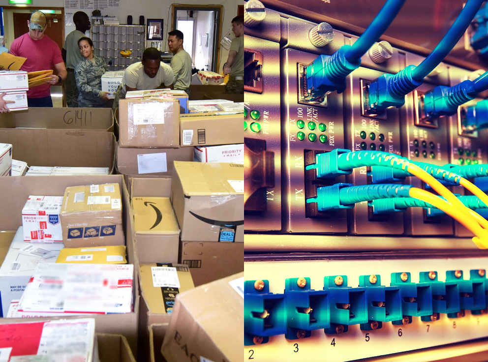 An image of a mail processing facility next to an image of network cables.
